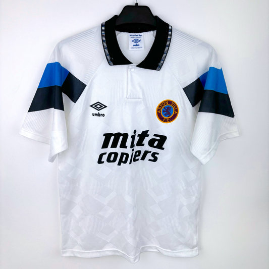 Aston Villa vintage football shirt with white base, black and blue horizontal sleeve stripes, Umbro logo, and Mita Copiers. - Aston Villa 1990/1991/1992/1993 Away Football Shirt Umbro