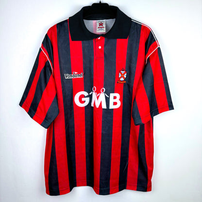 Fulham FC 1993-1994 away football shirt by Vandanel, red and black design with GMB sponsor, vintage retro soccer jersey