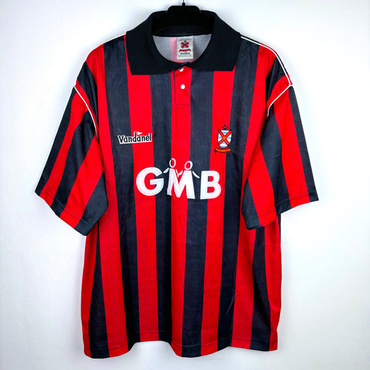 Fulham FC 1993-1994 away football shirt by Vandanel, red and black design with GMB sponsor, vintage retro soccer jersey