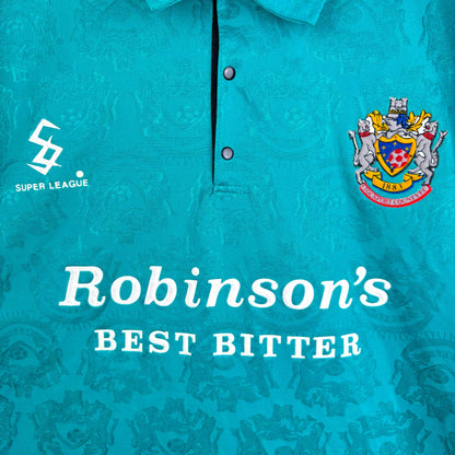 Close-up of Stockport County 1993-1995 Away Shirt sponsor and badges – vintage Super League football shirt
