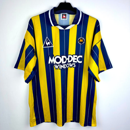 Torquay United 1995 home shirt by Le Coq Sportif – navy and yellow striped vintage football kit front