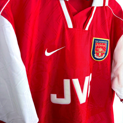 Arsenal 1996-1998 Nike classic soccer kit red body and white sleeves. Side view