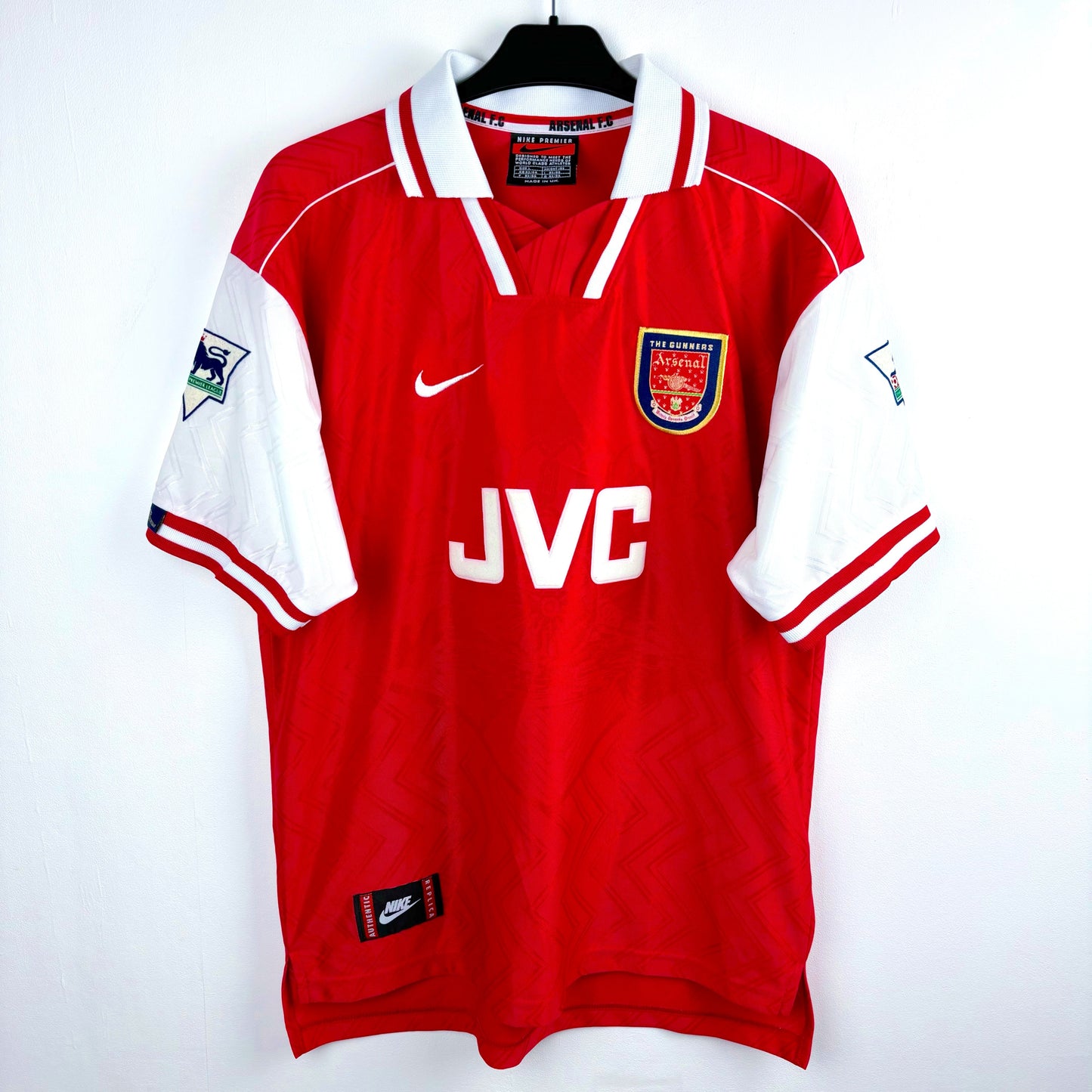 Arsenal 1996-1998 Nike home classic football shirt red body and white sleeves. Premier League patches to sleeves. Front view.