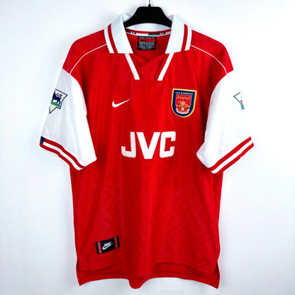 Arsenal 1996-1998 Nike home classic football shirt red body and white sleeves. Premier League patches to sleeves. Front view.