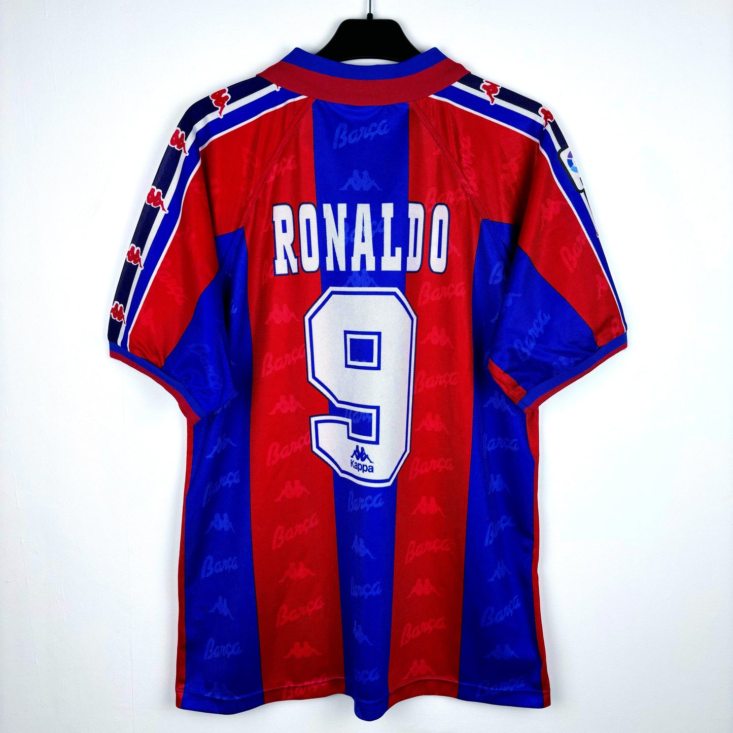 Barcelona 1995-1997 Kappa home vintage football jersey. Red and blue stripes with sublimated Ronaldo 9 nameset.