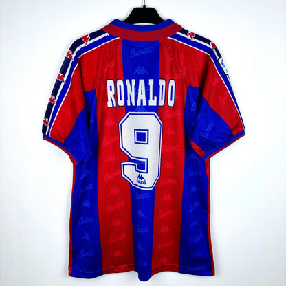 Barcelona 1995-1997 Kappa home vintage football jersey. Red and blue stripes with sublimated Ronaldo 9 nameset.