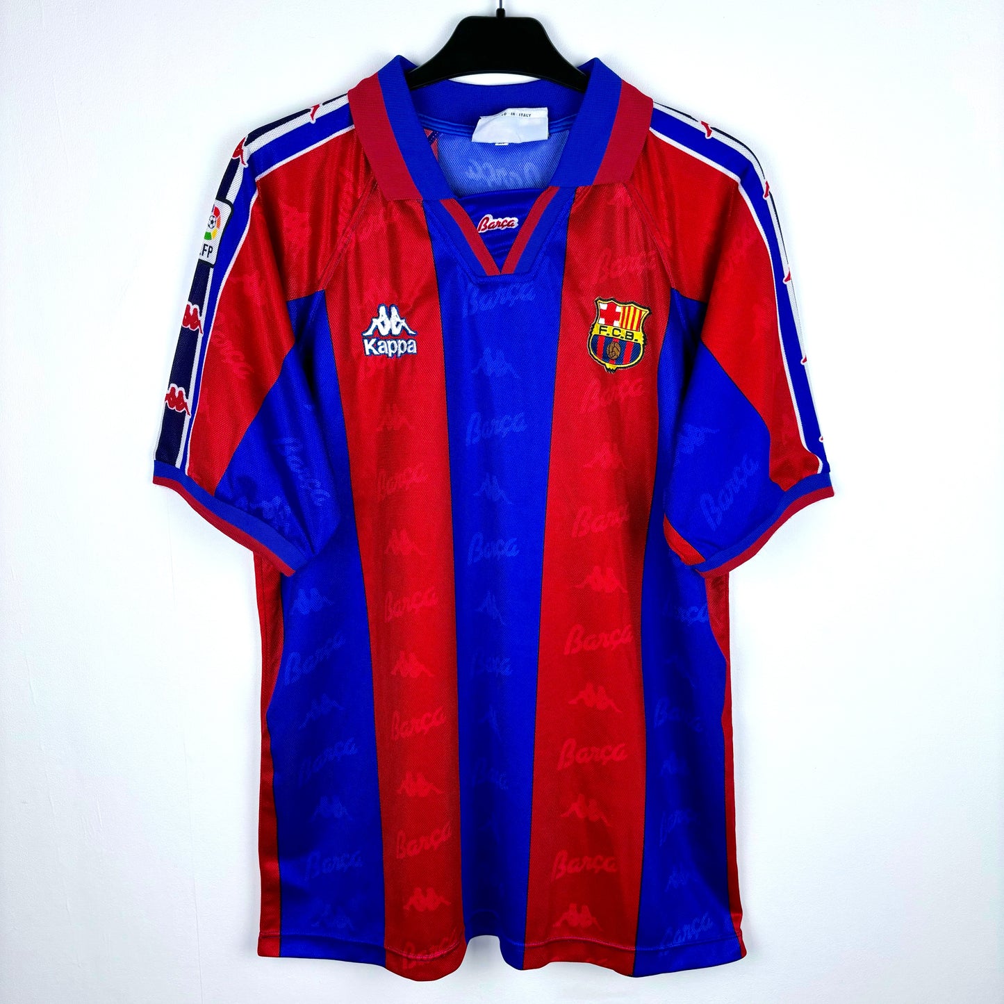 Front view of Barcelona 1995-1997 Kappa home classic football jersey. Red and blue stripes.