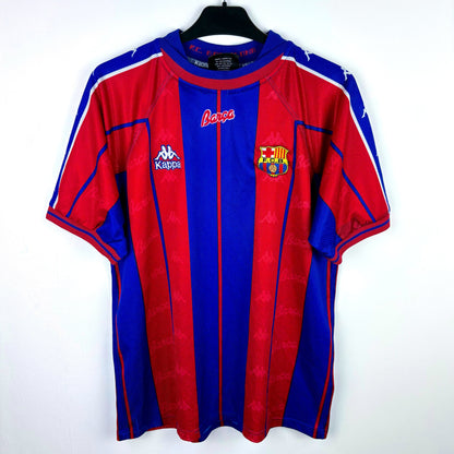 FC Barcelona 1997-1998 home retro soccer jersey made by Kappa. Red and blue stripes with embroidered badge.