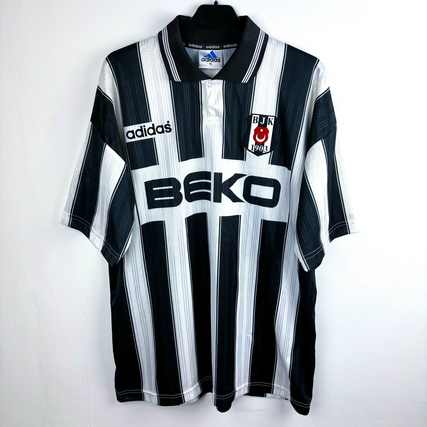 Besiktas 1996-1997 away adidas vintage football shirt with black and white stripes.