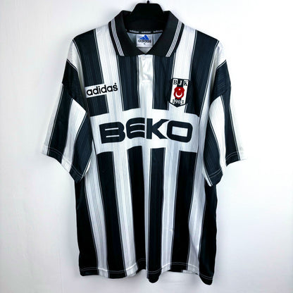 Besiktas 1996-1997 away adidas vintage football shirt with black and white stripes.