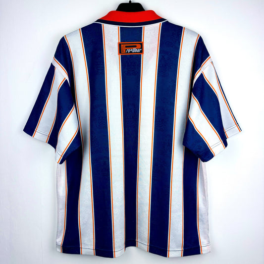 Reverse view of Blackpool 1995-1997 Super League third classic football shirt. White and navy stripes and orange collar.