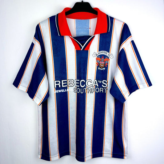 Blackpool 1995-1997 Super League third vintage football shirt. White and navy stripes and orange collar.