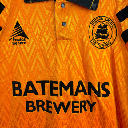 Boston United 1991-1993 Paulas Benara home football shirt, close-up of classic Batemans Brewery sponsor logo on orange and black design with Boston United badge
