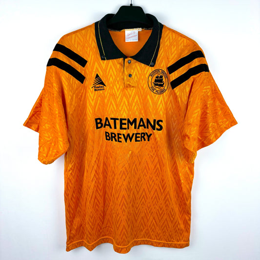 Front view of Boston United 1991-1993 Paulas Benara Home Football Shirt in orange with black trim. Classic Batemans Brewery sponsor in the middle.