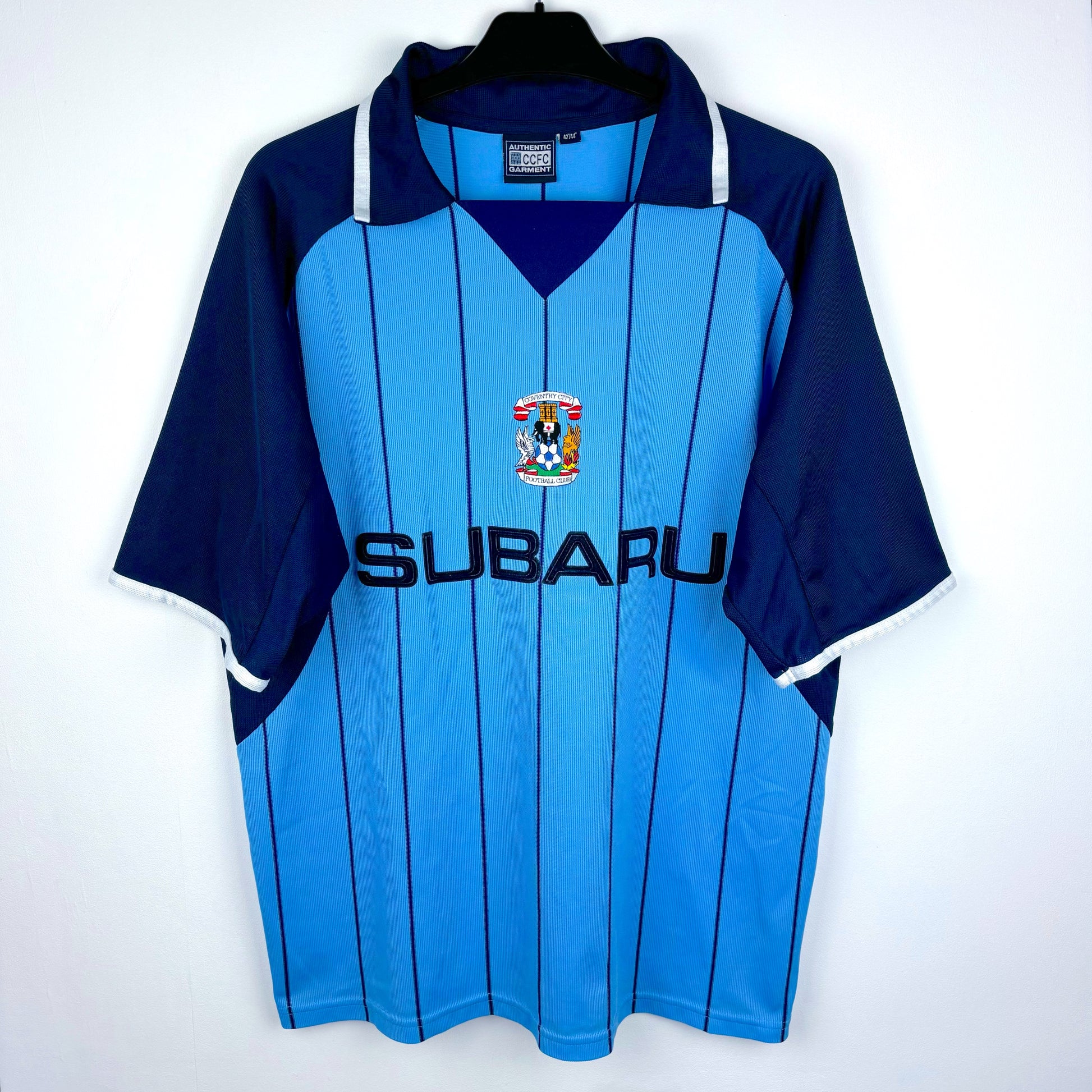 Front view of Coventry City 2003 home shirt – sky blue retro football jersey with Subaru sponsor