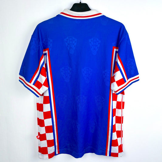 Rear view of Croatia 1998-2001 Lotto retro soccer jersey. Blue body with checkered red and white panels.