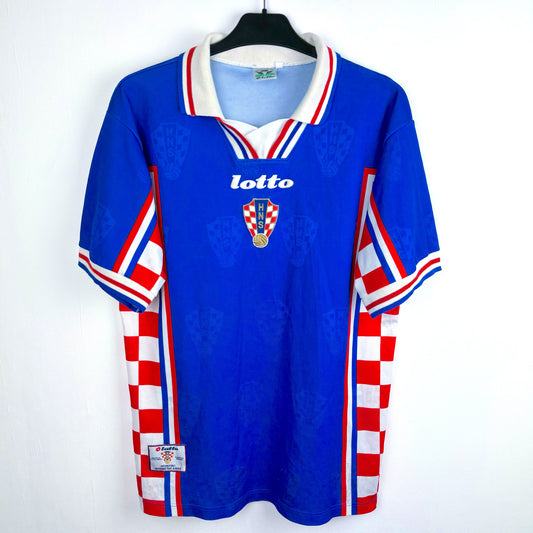 Croatia 1998-2001 Lotto vintage football shirt with. Blue body with checkered red and white panels.