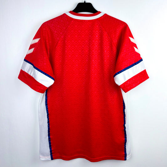 Rear view of Denmark 1990-1992 home Hummel classic football shirt red body and white trim.