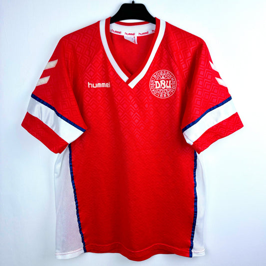 Denmark 1990-1992 home Hummel vintage football shirt red body and white trim.