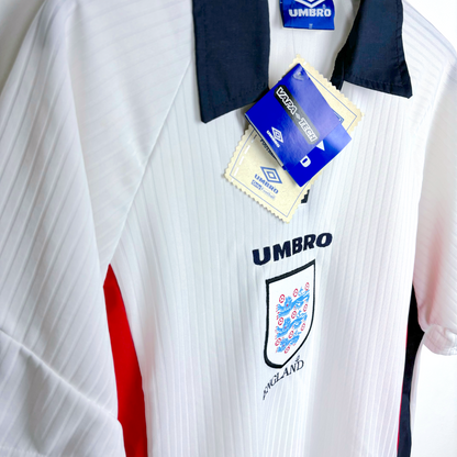 Side view of vintage England 1997-1999 home soccer jersey by Umbro worn at the 1998 World Cup.