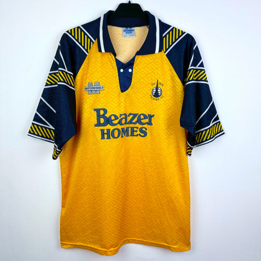 Falkirk 1994-1995 Matchwinner away vintage football shirt. Yellow body with navy sleeves. Beazer Homes sponsor.