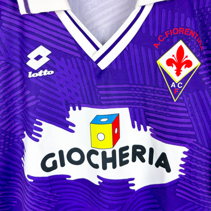 Close up of Fiorentina 1991-1992 home classic football shirt produced by Lotto. Features club crest and retro Giocheria sponsor