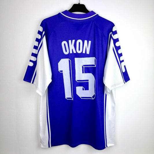 Fiorentina 1999-2000 FILA home classic football jersey. Purple body with white side panels and sleeves. Okon 15 name and number