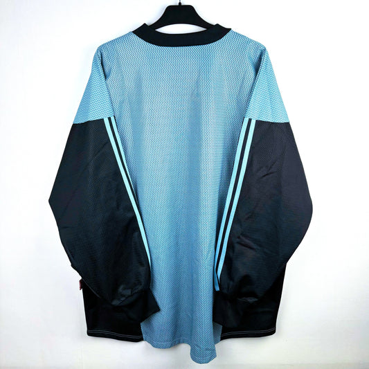Rear view of Fulham 1999-2000 adidas goalkeeper classic football shirt. Light blue body and black sleeves.