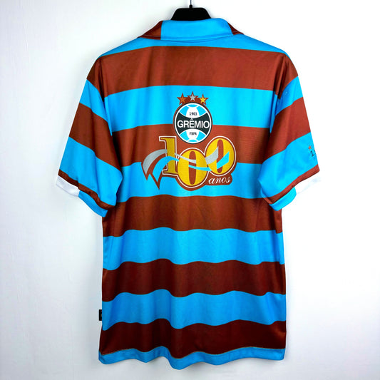 Rear view of Gremio 2003 Kappa centenary vintage soccer jersey. Light blue and brown hoops.