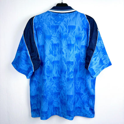 Rear view of Hartlepool United 1993-1995 vintage football shirt with 'Strongarm' sponsor. Blue body with navy trim and collar.