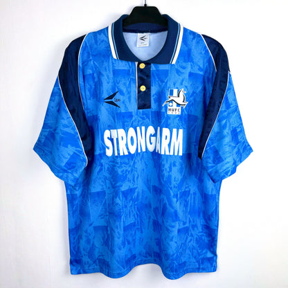 Hartlepool United 1993-1995 vintage football shirt with 'Strongarm' sponsor. Blue body with navy trim and collar.