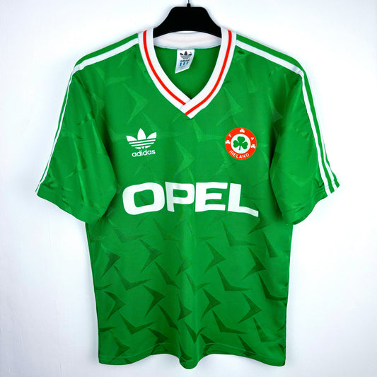 Ireland 1990-1992 adidas home vintage football shirt. Green body with white trim. OPEL sponsor.