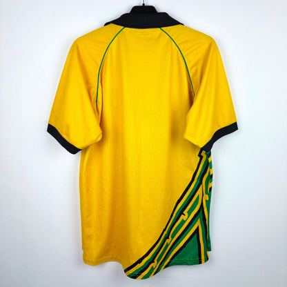 Rear view of Jamaica 1998-1999 Kappa home classic football jersey. Yellow body with black and green trim.
