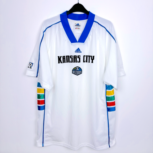 Kansas City 1997-1998 retro soccer jersey produced by Adidas. White body featuring rainbow coloured side panels.