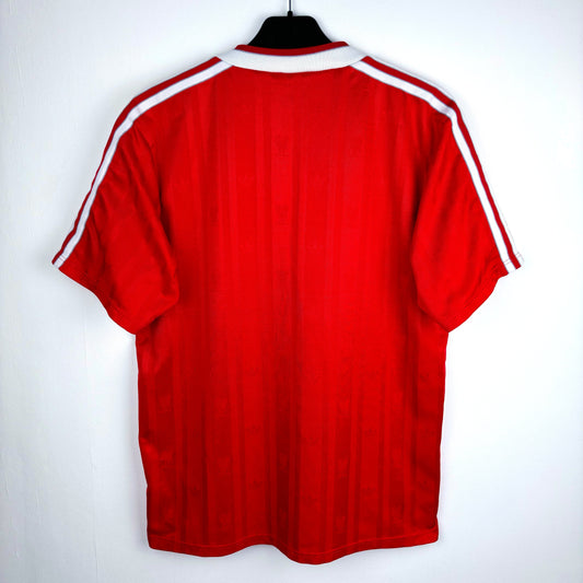 Reverse view of Liverpool 1988-1989 adidas home classic football jersey. Red body with white trim.