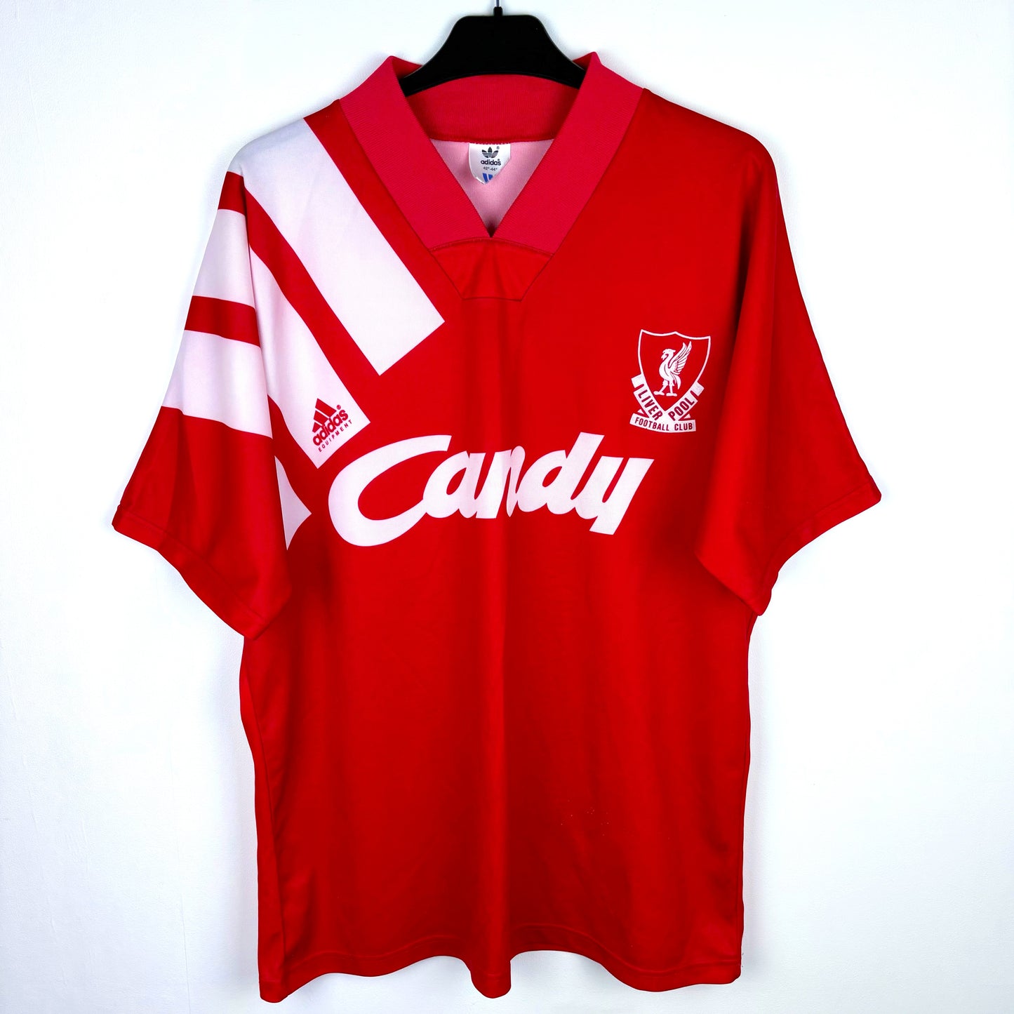 Liverpool 1991-1992 adidas home vintage football shirt. Red body with three white shoulder stripes. Candy sponsor.