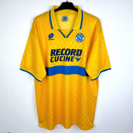 Napoli 1995-1996 third vintage football jersey. Yellow body with central blue hoop. Record Cucine sponsor.