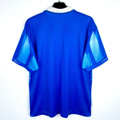 Rear view of Napoli 1996-1997 Lotto home vintage football shirt. Blue body with sublimated pattern. 