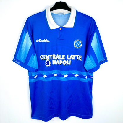 Napoli 1996-1997 Lotto home vintage football shirt. Blue body with sublimated pattern. Centrale Latte di Napoli sponsor.