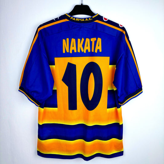 Parma 2001-2002 Champion home vintage football shirt. Blue body with yellow hoops. Nakata nameset