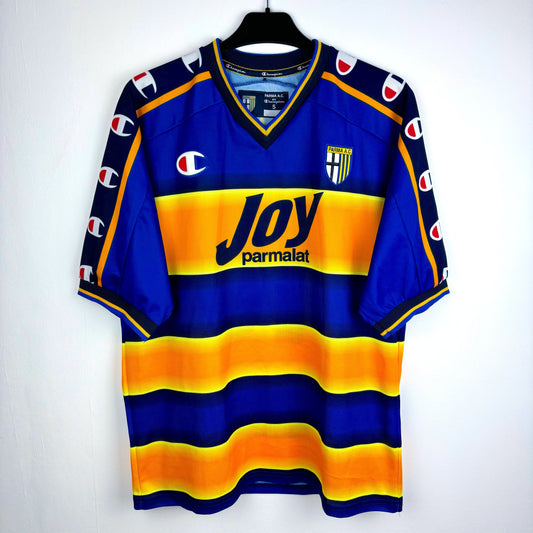 Parma 2001-2002 Champion home vintage football jersey. Blue and yellow hoops. Joy parmalat sponsor.