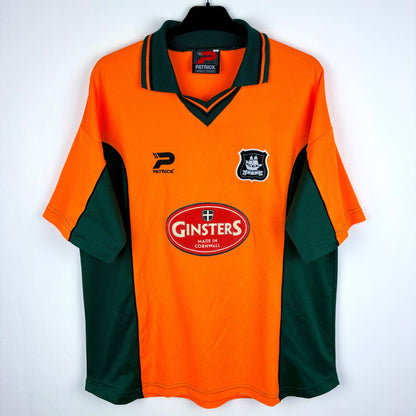 Plymouth Argyle 2002-2003 Patrick away vintage football shirt. Orange body with green trim. Ginsters sponsor.