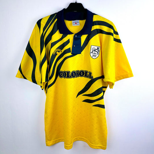 Preston North End 1992-1993 Matchwinner away vintage football shirt red body and white sleeves. Yellow body with navy pattern.