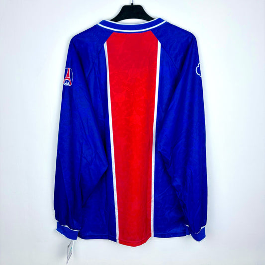 Rear view of PSG 1994-1995 Nike home classic football jersey. Long-sleeved blue body with central red vertical stripe and white trim.
