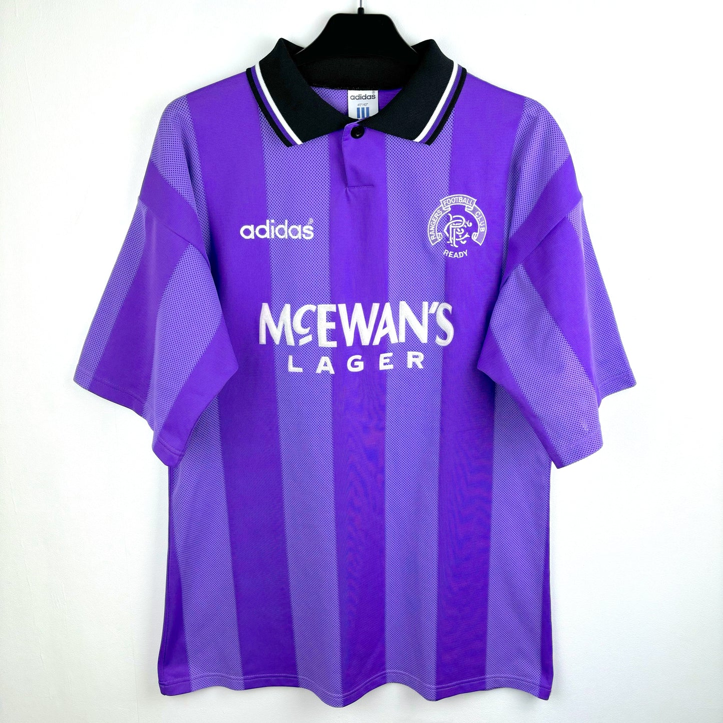 Rangers 1994-1995 adidas European vintage football shirt in lilac with black collar.