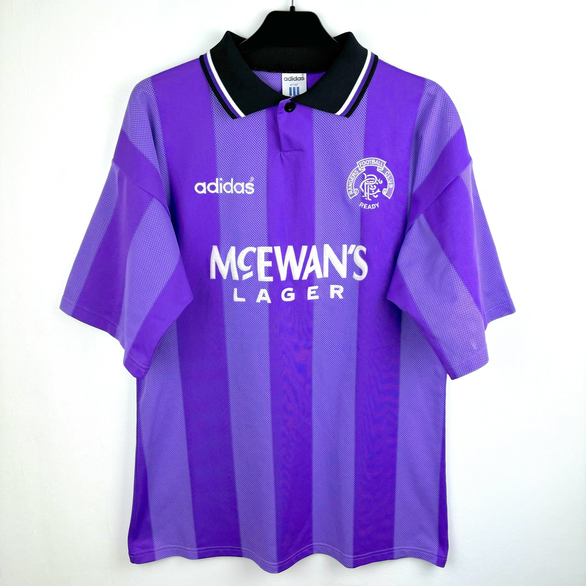 Rangers 1994-1995 adidas European vintage football shirt in lilac with black collar.