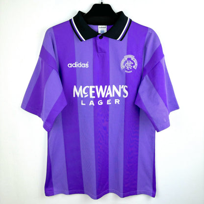 Rangers 1994-1995 adidas European vintage football shirt in lilac with black collar.