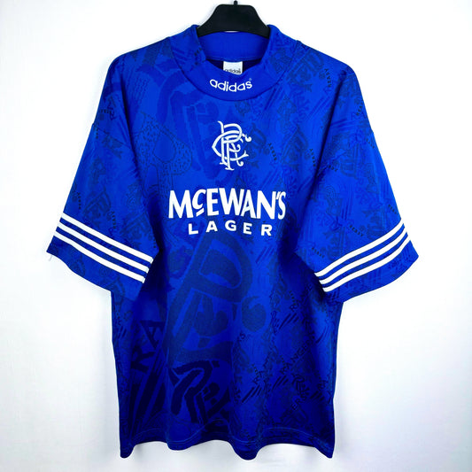 Rangers 1994-1996 adidas home vintage football shirt. Blue body with classic three stripes around sleeves.