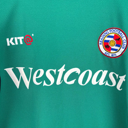 Close up central view of retro Reading FC 2001-2003 Goalkeeper Football Shirt. Embroidered Reading FC badge, Kit manufacturer and Westcoast sponsor