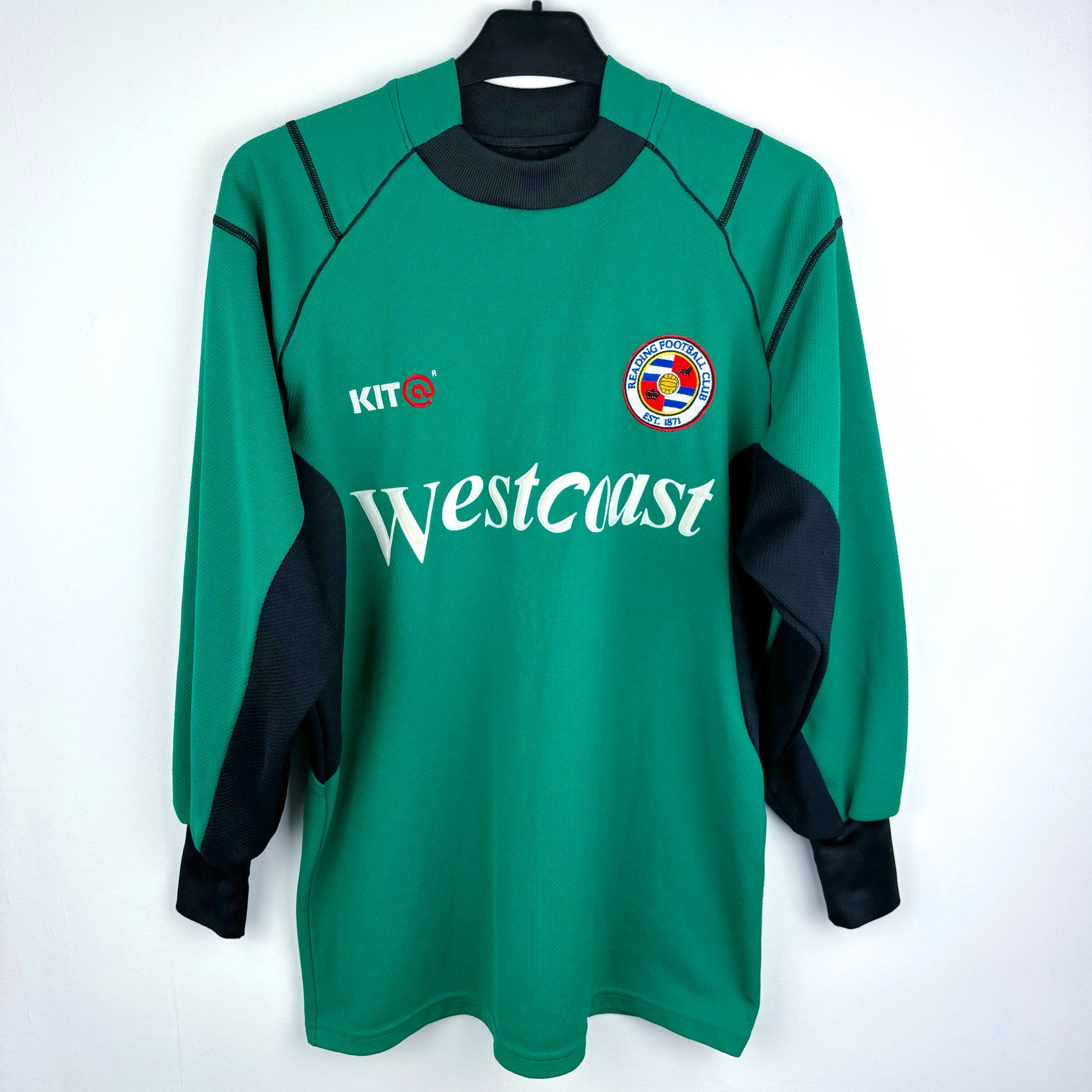Front view of Reading FC 2001-2003 Goalkeeper Football Shirt. Green body complimented by classic black trim and Westcoast sponsor